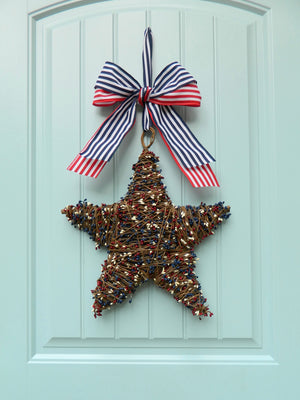 Red White and Blue Patriotic Star Wreath with Bow