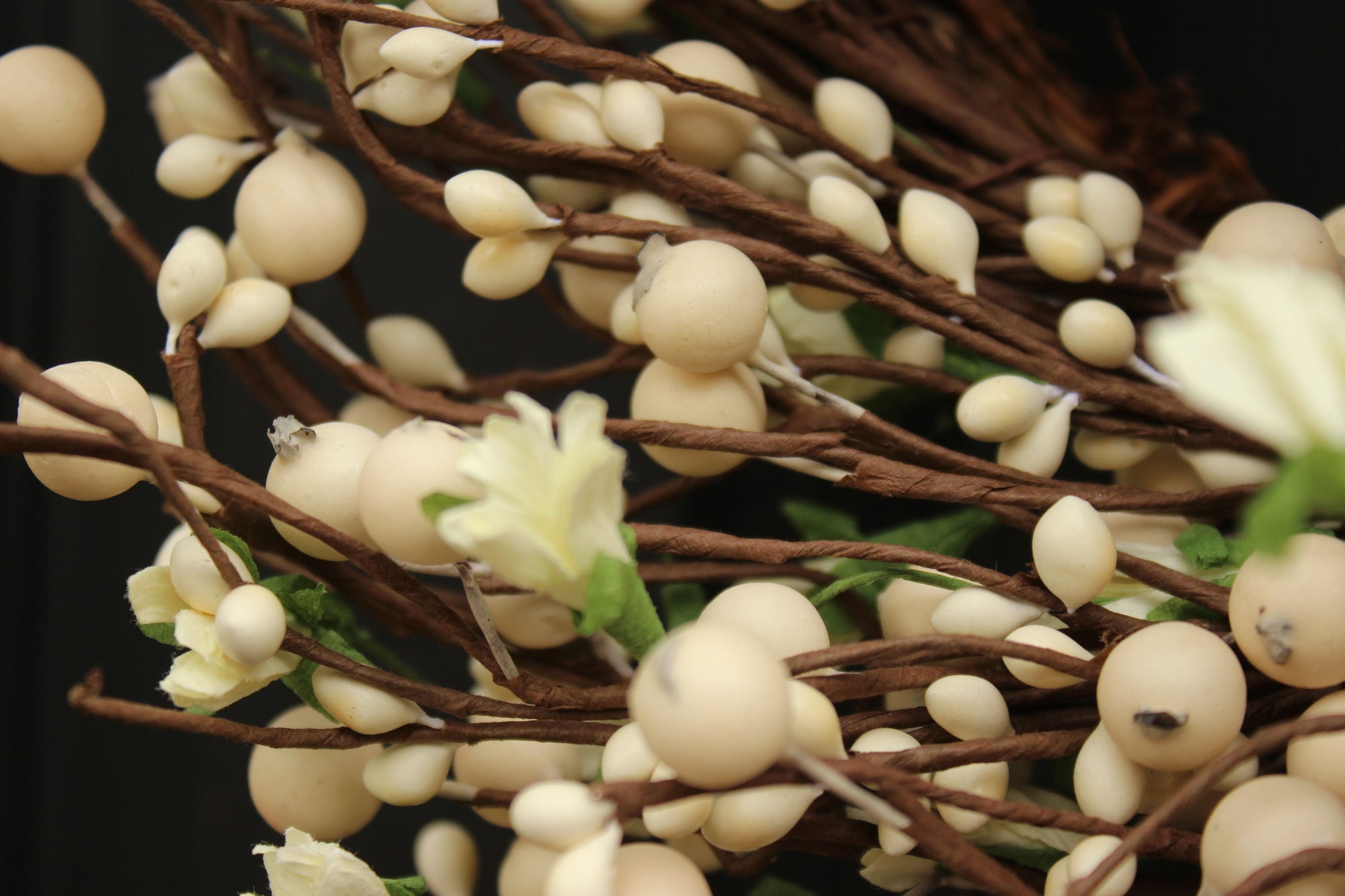 Cream Berry Wreath with Green Leaves and White Flowers with Bow