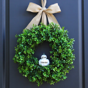 Give Thanks Pumpkin Boxwood Wreath with Bow