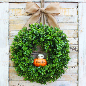 Give Thanks Pumpkin Boxwood Wreath with Bow