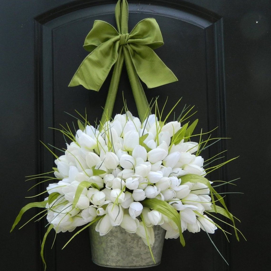 White Tulip Door Pail Wreath