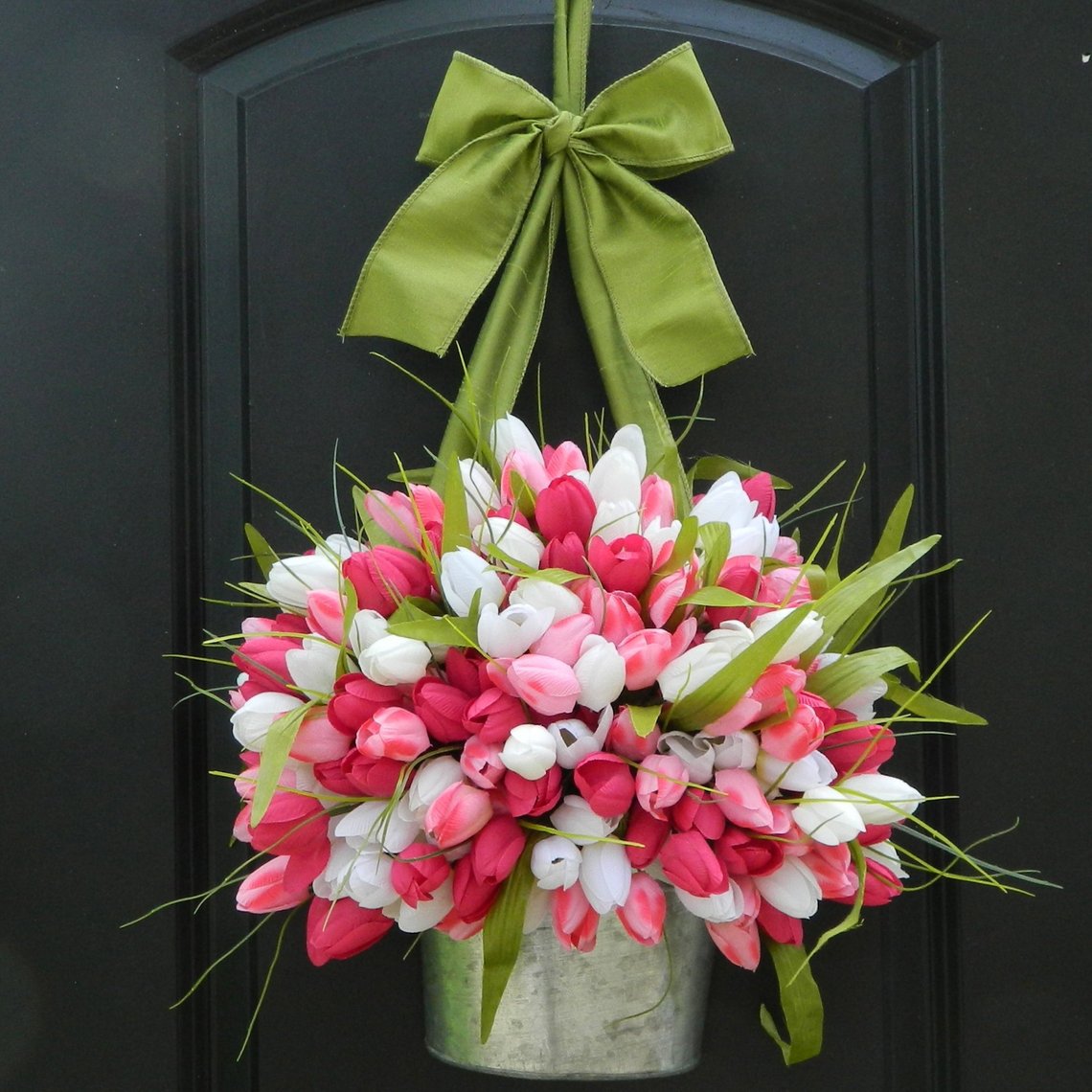 Pink Tulip Bucket Door Wreath