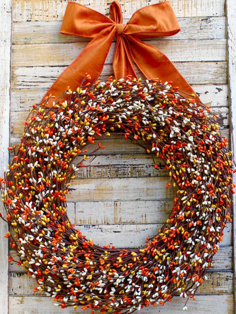 Orange, Yellow, & Cream Pip Berry Wreath with Bow