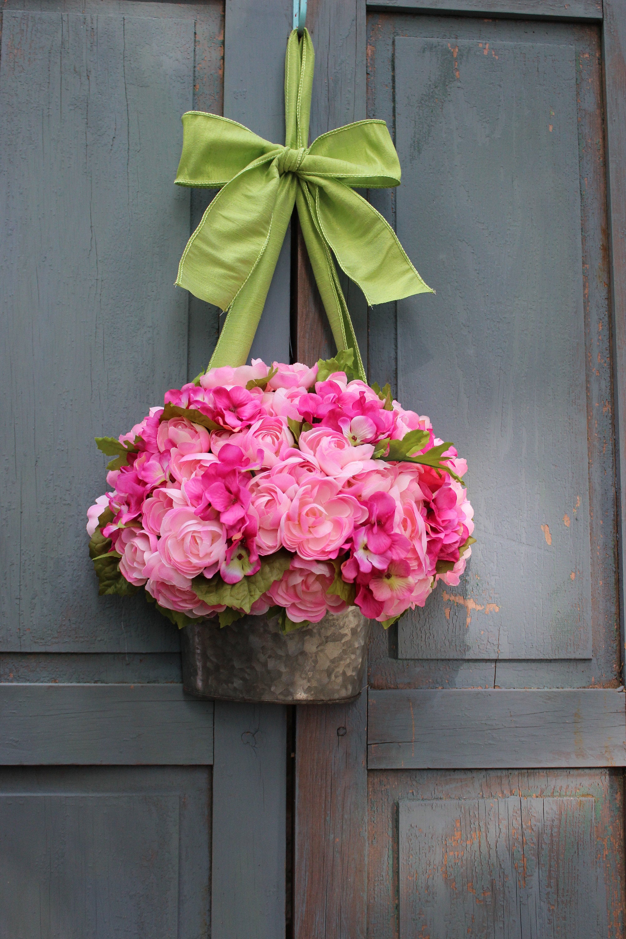 Pink Flower Pail Door Hanger