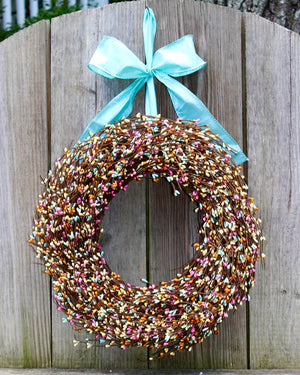 Pink, Light Teal, & Yellow Pip Berry Wreath with Bow