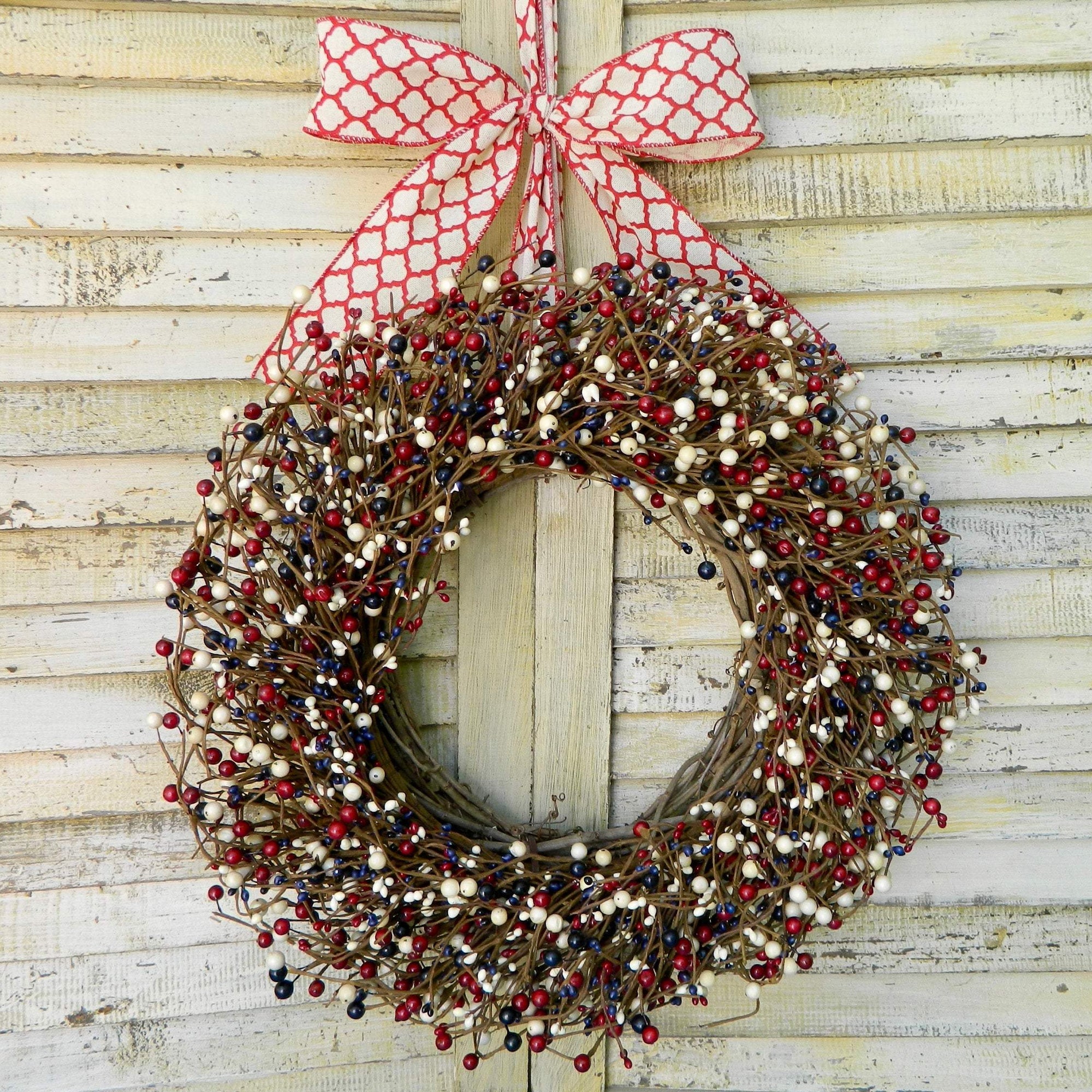 Patriotic Red White and Blue Berry Wreath with Bow