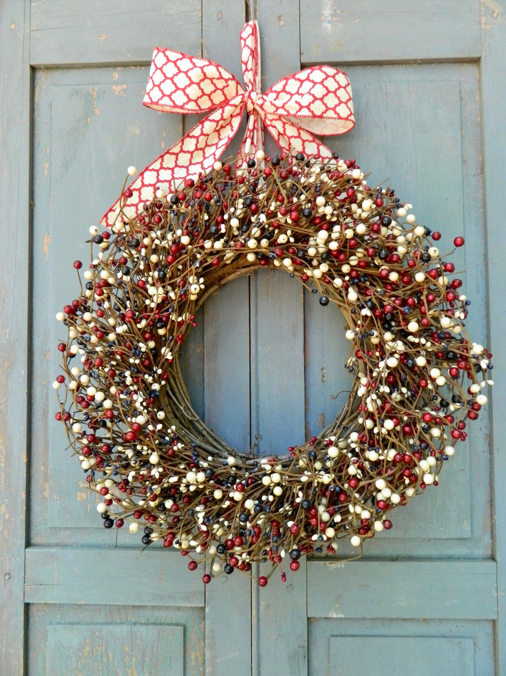 Patriotic Red White and Blue Berry Wreath with Bow