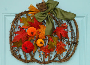 Fall Pumpkin Wreath - Grapevine Wreath with Velvet Pumpkins - Harvest Autumn Door Hanger
