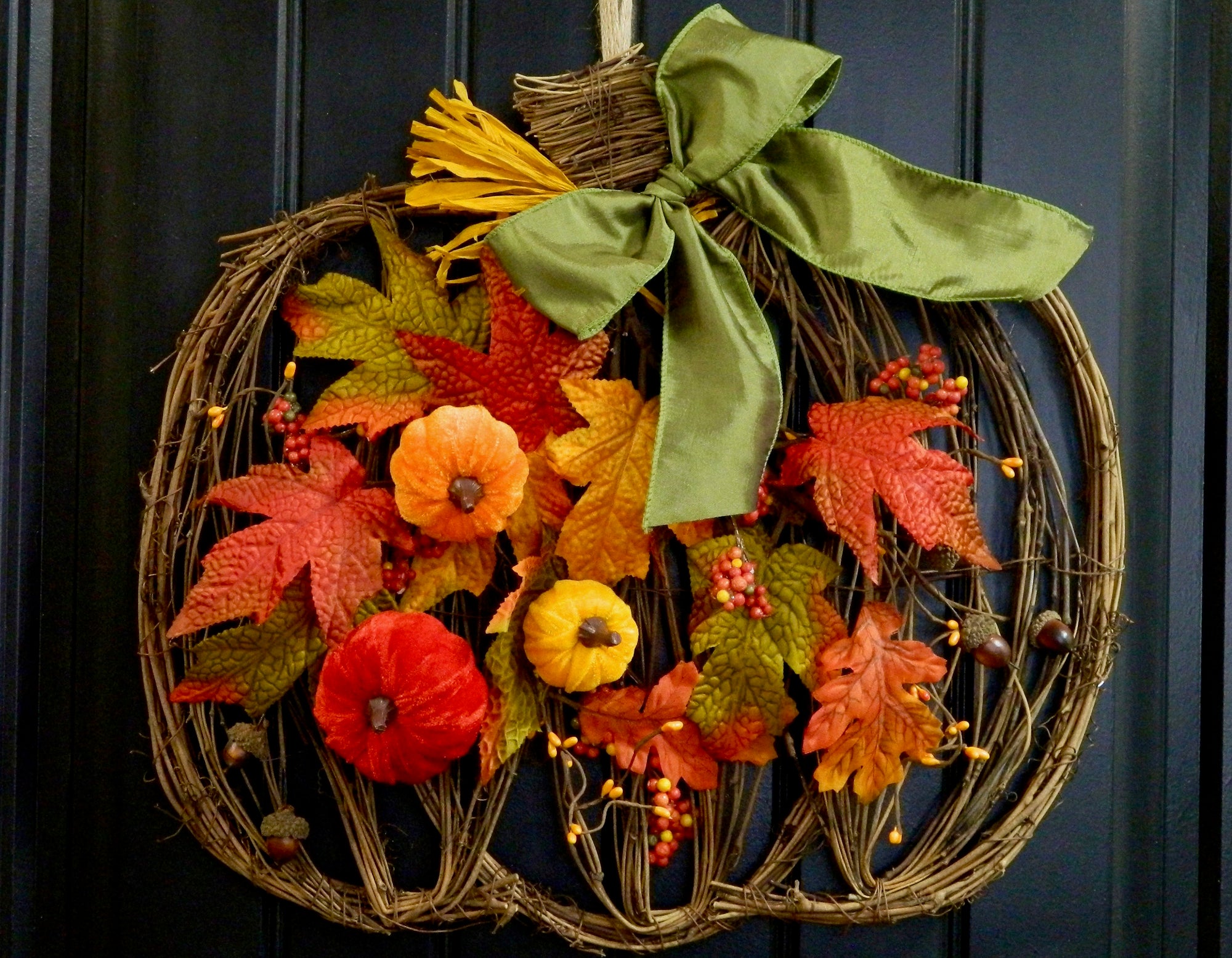 Fall Pumpkin Wreath - Grapevine Wreath with Velvet Pumpkins - Harvest Autumn Door Hanger