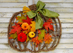 Fall Pumpkin Wreath - Grapevine Wreath with Velvet Pumpkins - Harvest Autumn Door Hanger