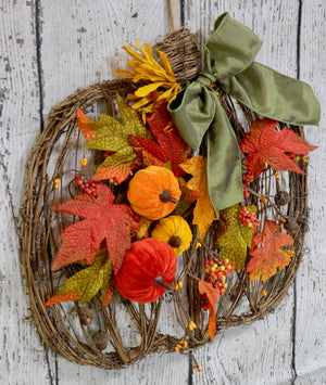 Fall Pumpkin Wreath - Grapevine Wreath with Velvet Pumpkins - Harvest Autumn Door Hanger