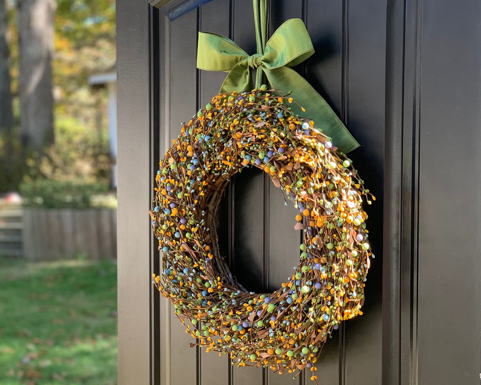 Green Yellow & Light Blue Berry Wreath with Leaves with Bow