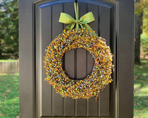 Green Yellow & Light Blue Berry Wreath with Leaves with Bow
