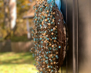 Teal and Cream Wreath with Bow