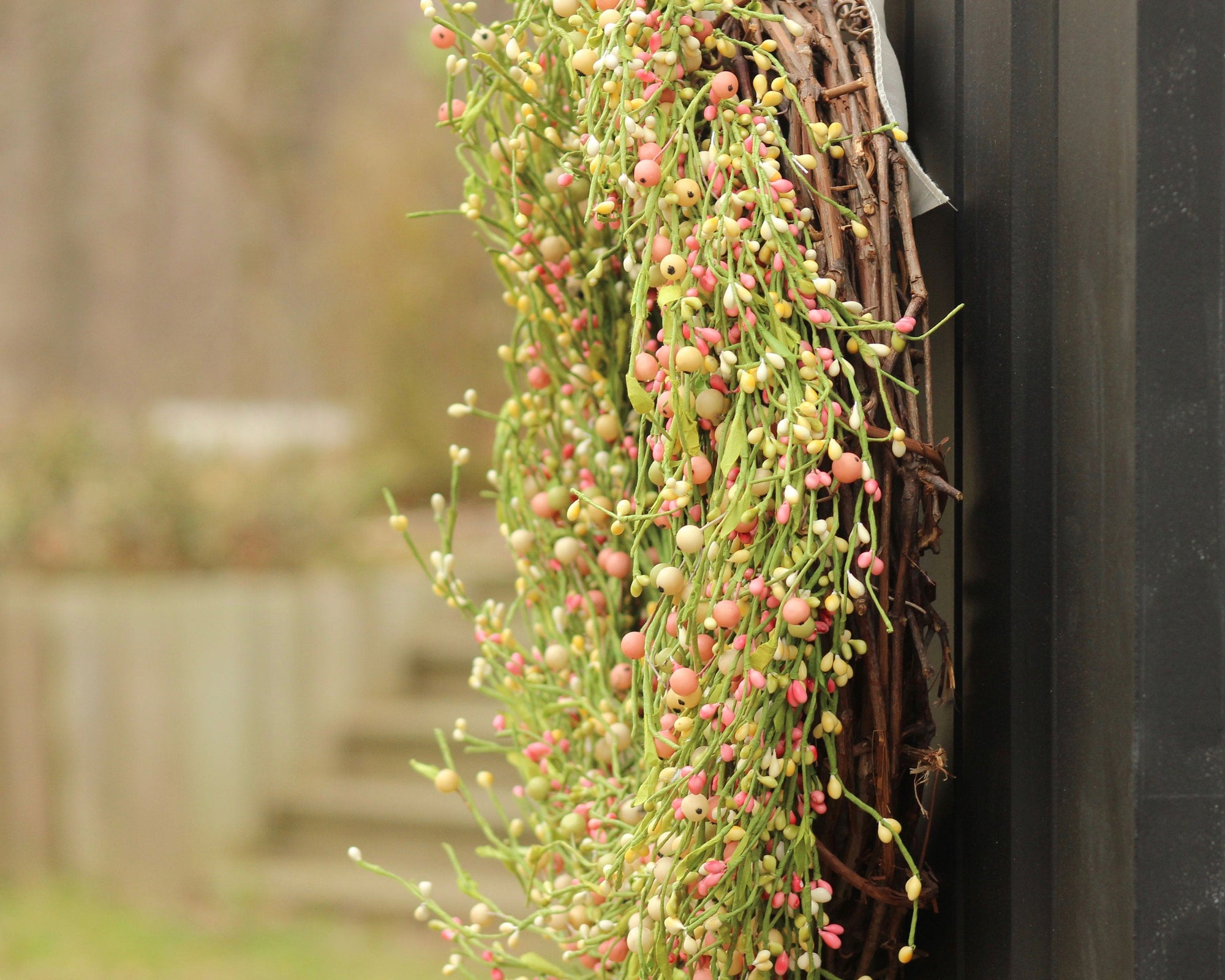 Green Pink & Cream Berry Wreath with Leaves