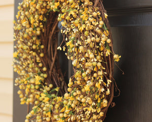 Light Yellow & Light Green Berry Wreath with Flowers