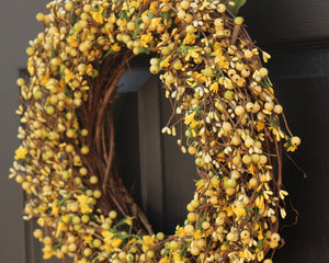 Light Yellow & Light Green Berry Wreath with Flowers