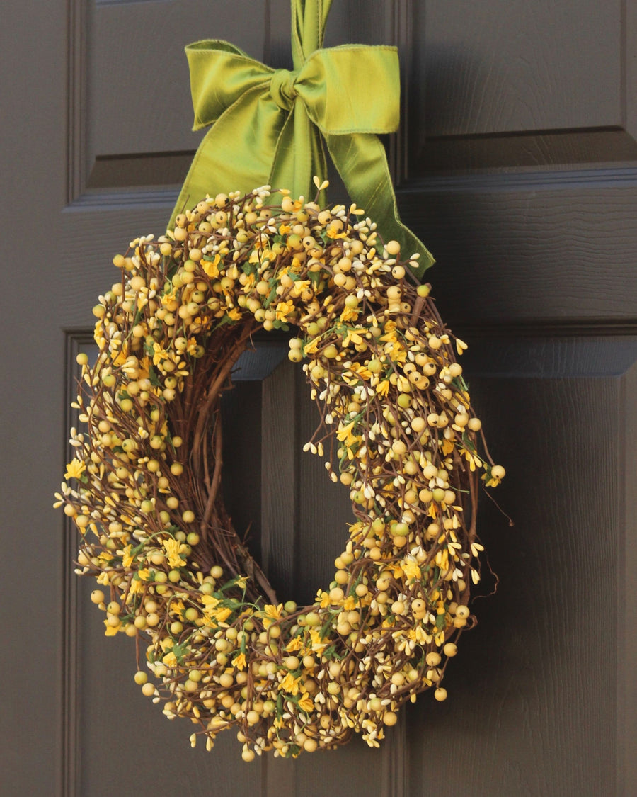 Light Yellow & Light Green Berry Wreath with Flowers