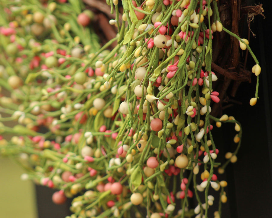 Green Pink & Cream Berry Wreath with Leaves