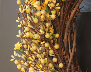 Light Yellow & Light Green Berry Wreath with Flowers