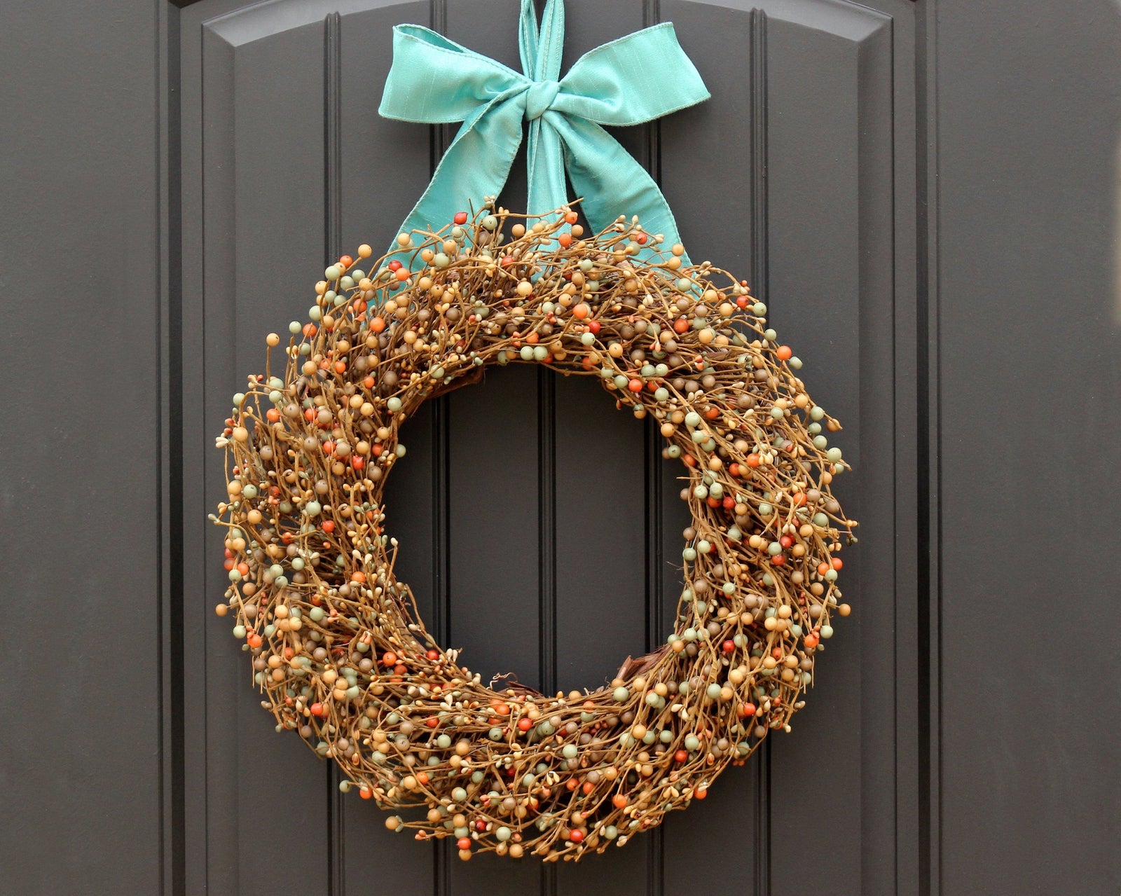 Aqua, Brown & Orange Berry Wreath with Bow
