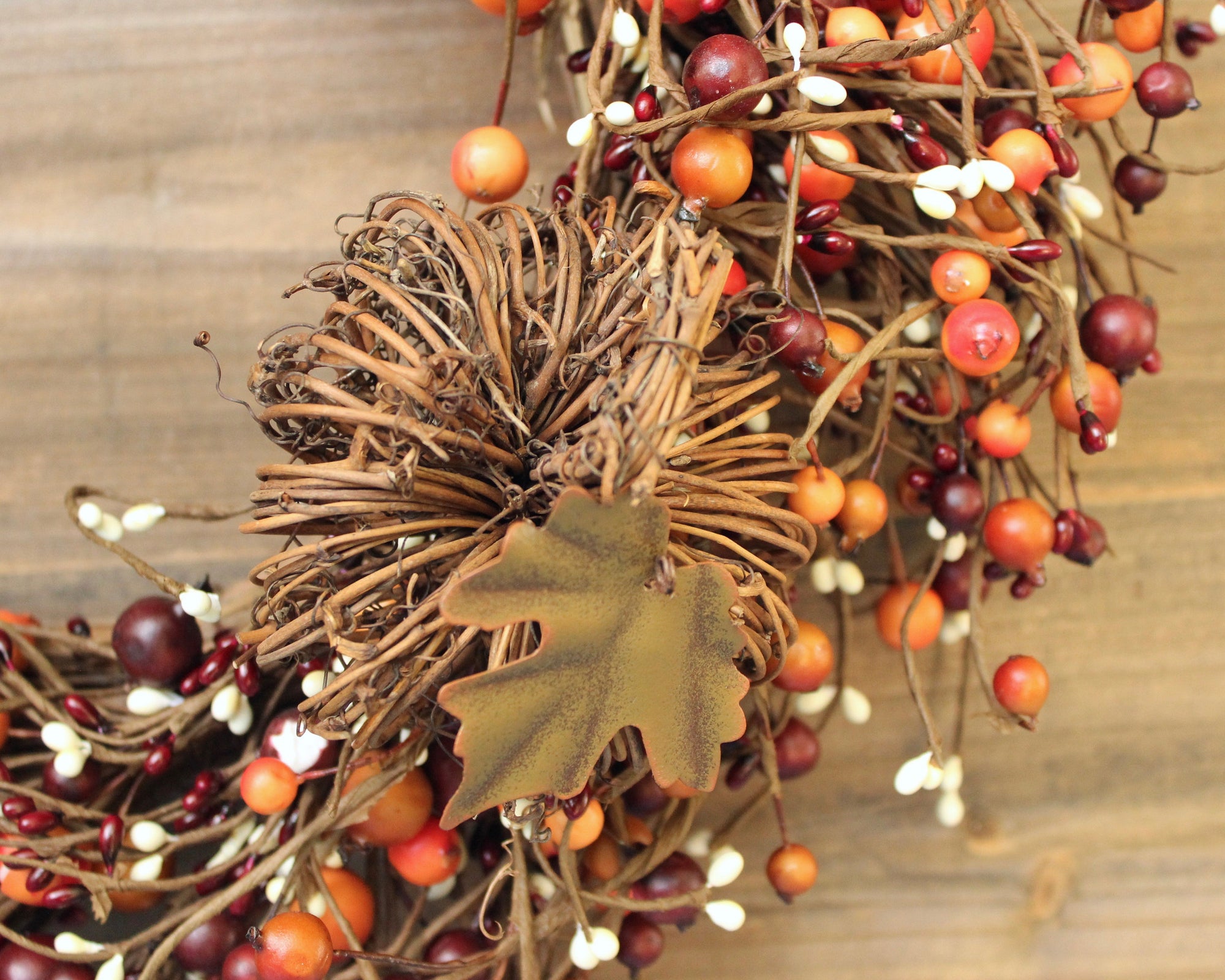 Burgundy Orange Cream Berry Wreath with Grapevine Pumpkin