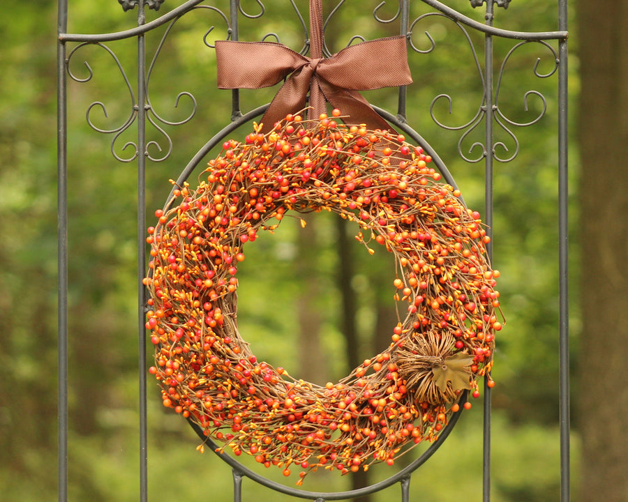 Orange Berry Wreath with Grapevine Pumpkin & Bow