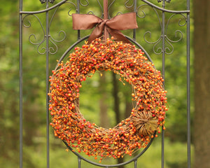 Orange Berry Wreath with Grapevine Pumpkin Bow