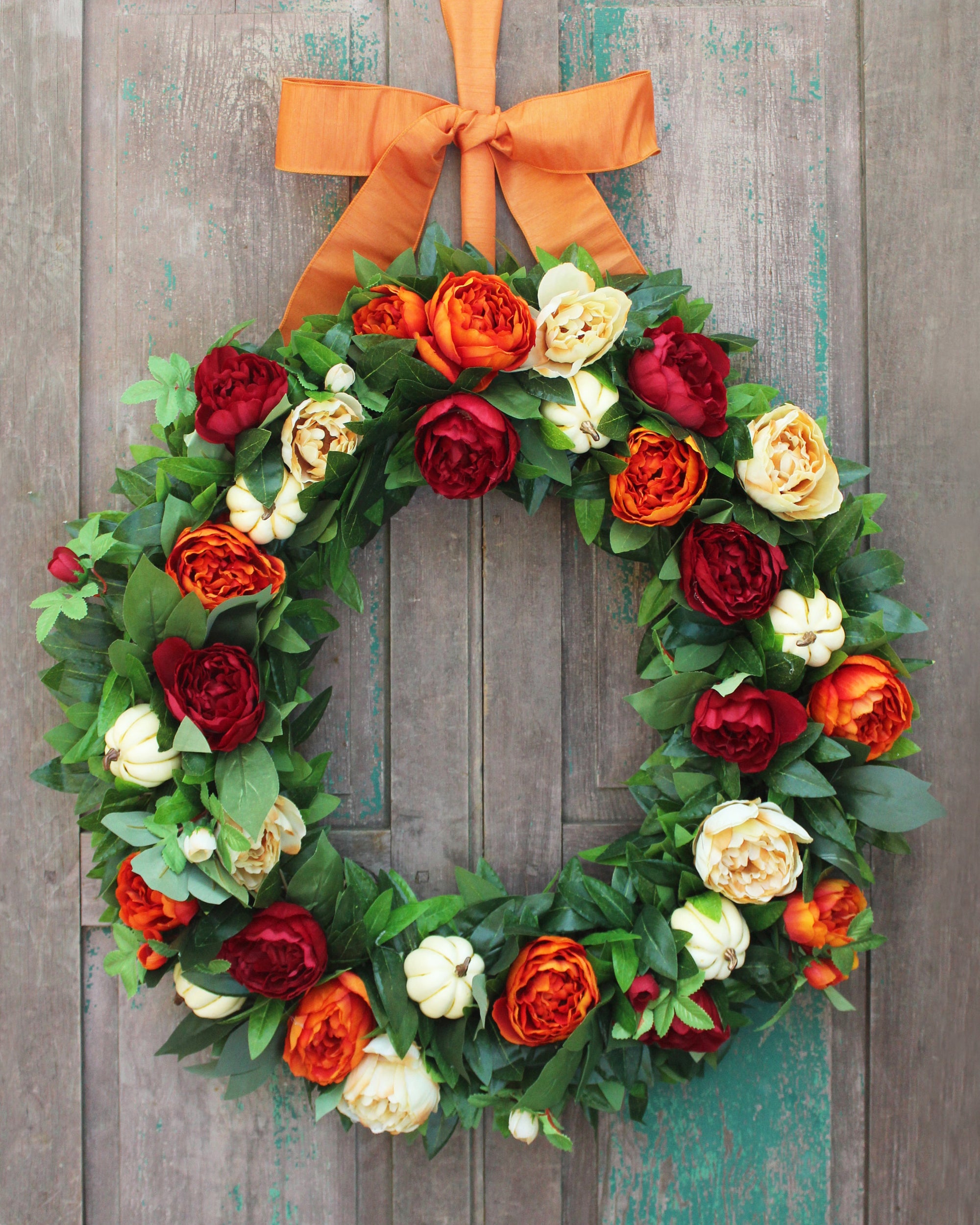 Large Laurel Peony Wreath - Red Orange Cream Flower Wreath - Fall through Winter Wreath