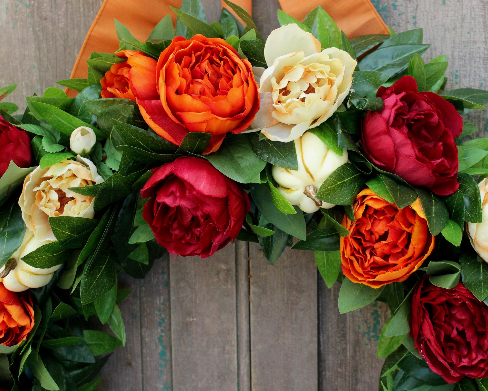 Large Laurel Peony Wreath - Red Orange Cream Flower Wreath - Fall through Winter Wreath