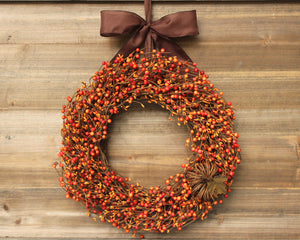 Orange Berry Wreath with Grapevine Pumpkin Bow