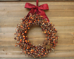 Burgundy Orange Cream Berry Wreath with Grapevine Pumpkin