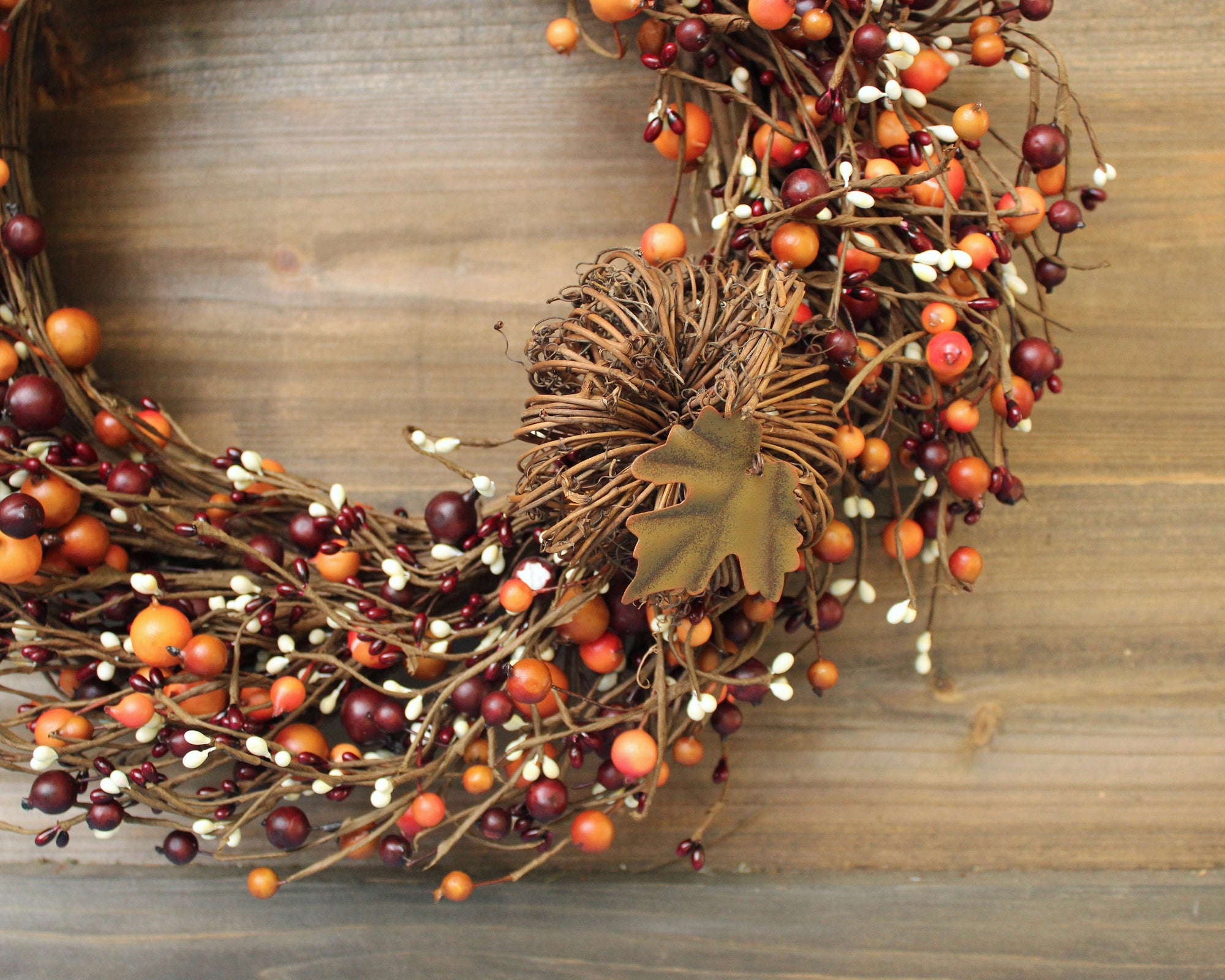 Burgundy Orange Cream Berry Wreath with Grapevine Pumpkin