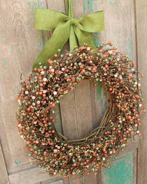 Pink Green Brown Berry Wreath with Bow