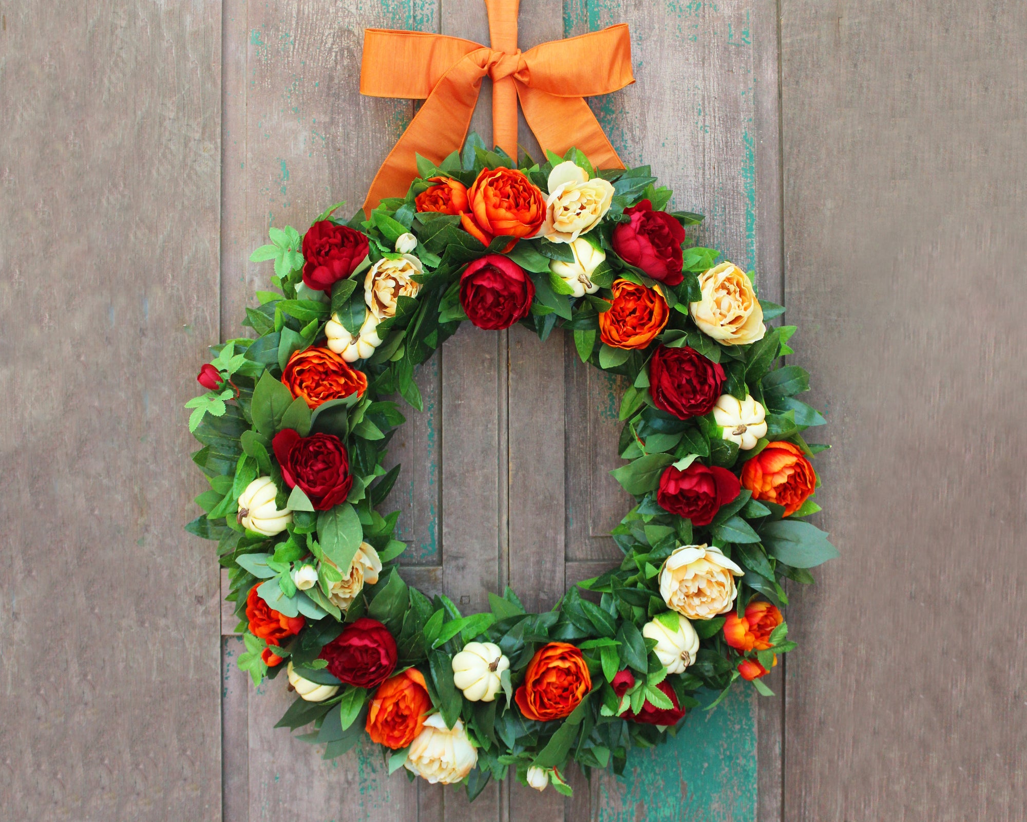 Large Laurel Peony Wreath - Red Orange Cream Flower Wreath - Fall through Winter Wreath