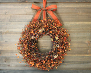 Fall Orange Berry Acorn Wreath with Bow