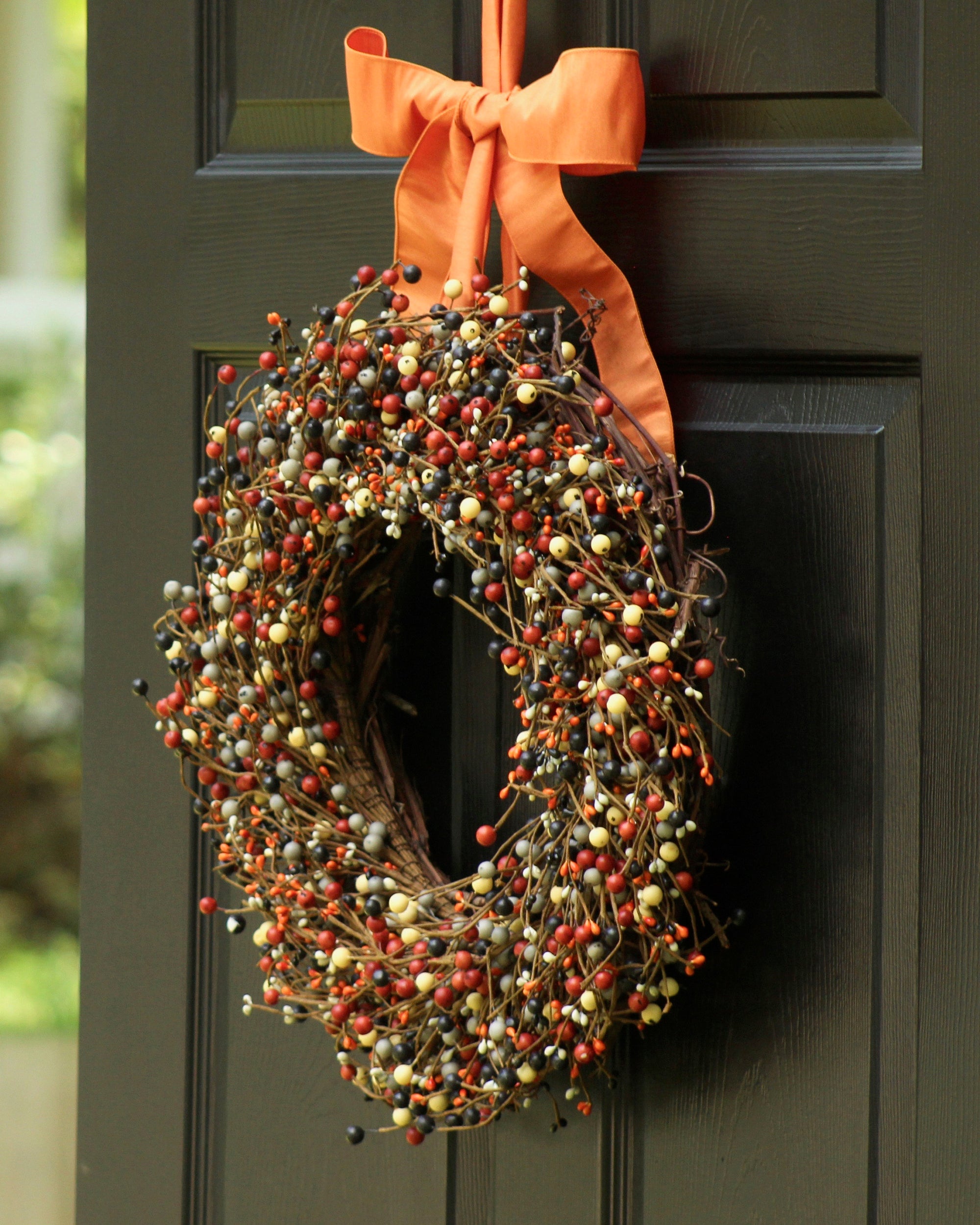 Orange Grey Black Cream Berry Wreath with Bow