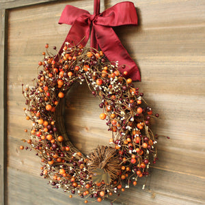 Burgundy Orange Cream Berry Wreath with Grapevine Pumpkin