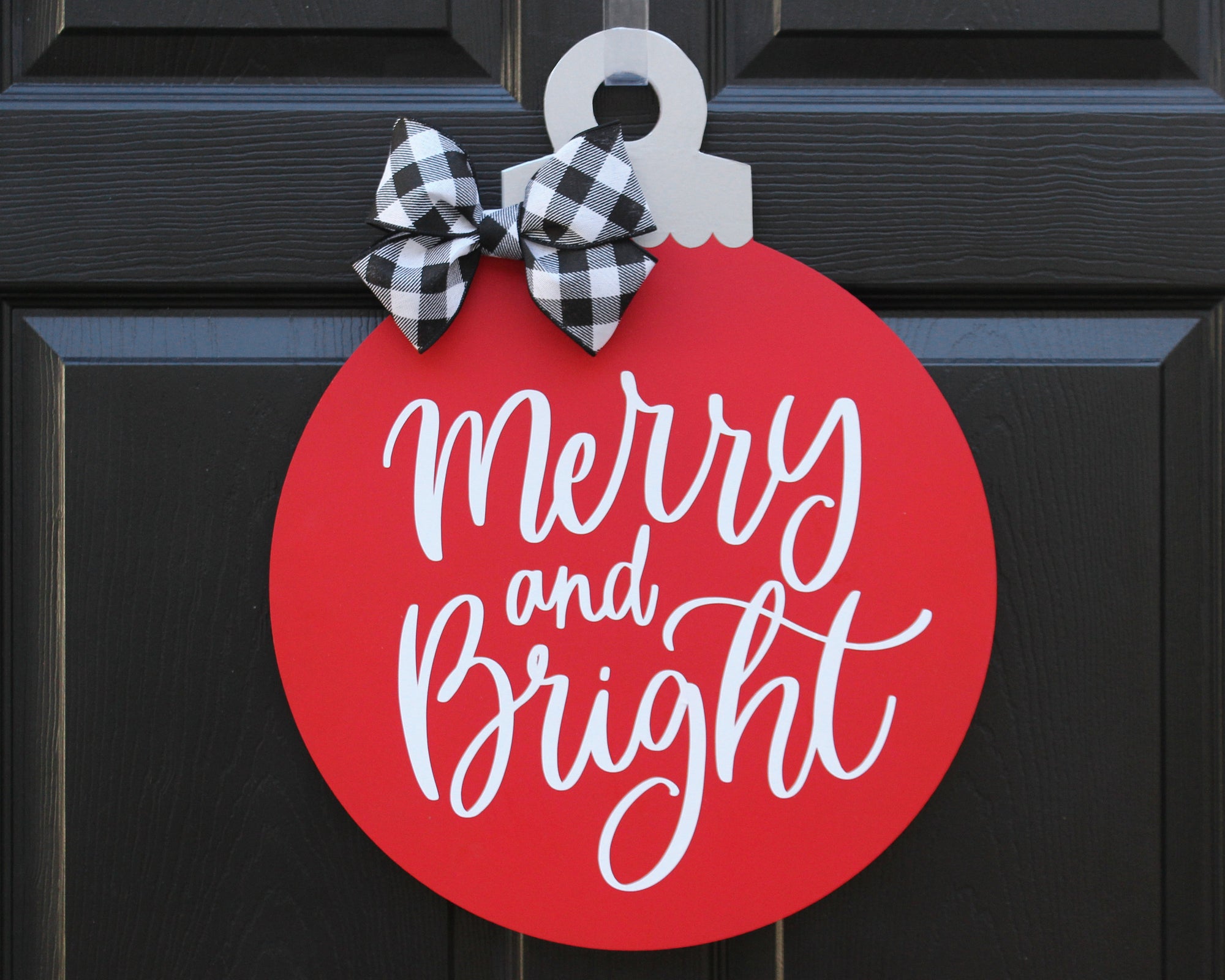 Holiday decor, gift for her, Christmas ornament door hanger, merry and bright holiday wreath, red wood round door hanger