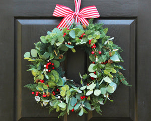 Holiday wreath, Christmas wreath, holiday decor, pine eucalyptus wreath