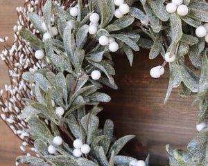 Holiday wreath, holiday decor, Christmas wreath, sparkling mistletoe greenery wreath, cream berry wreath