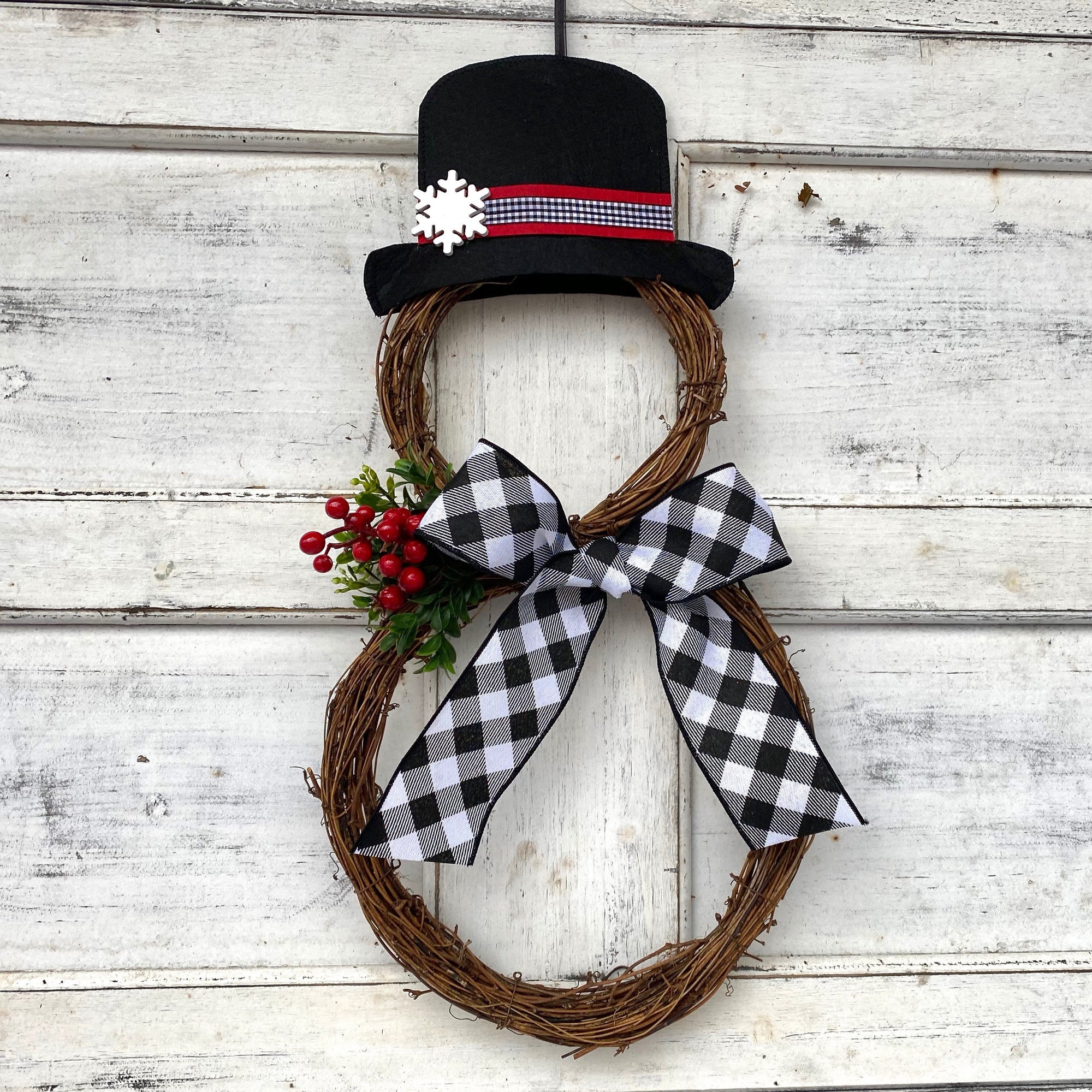 Snowman Wreath - Grapevine Snowman - Farmhouse Buffalo Check Wreath - Christmas Snowman Wreath