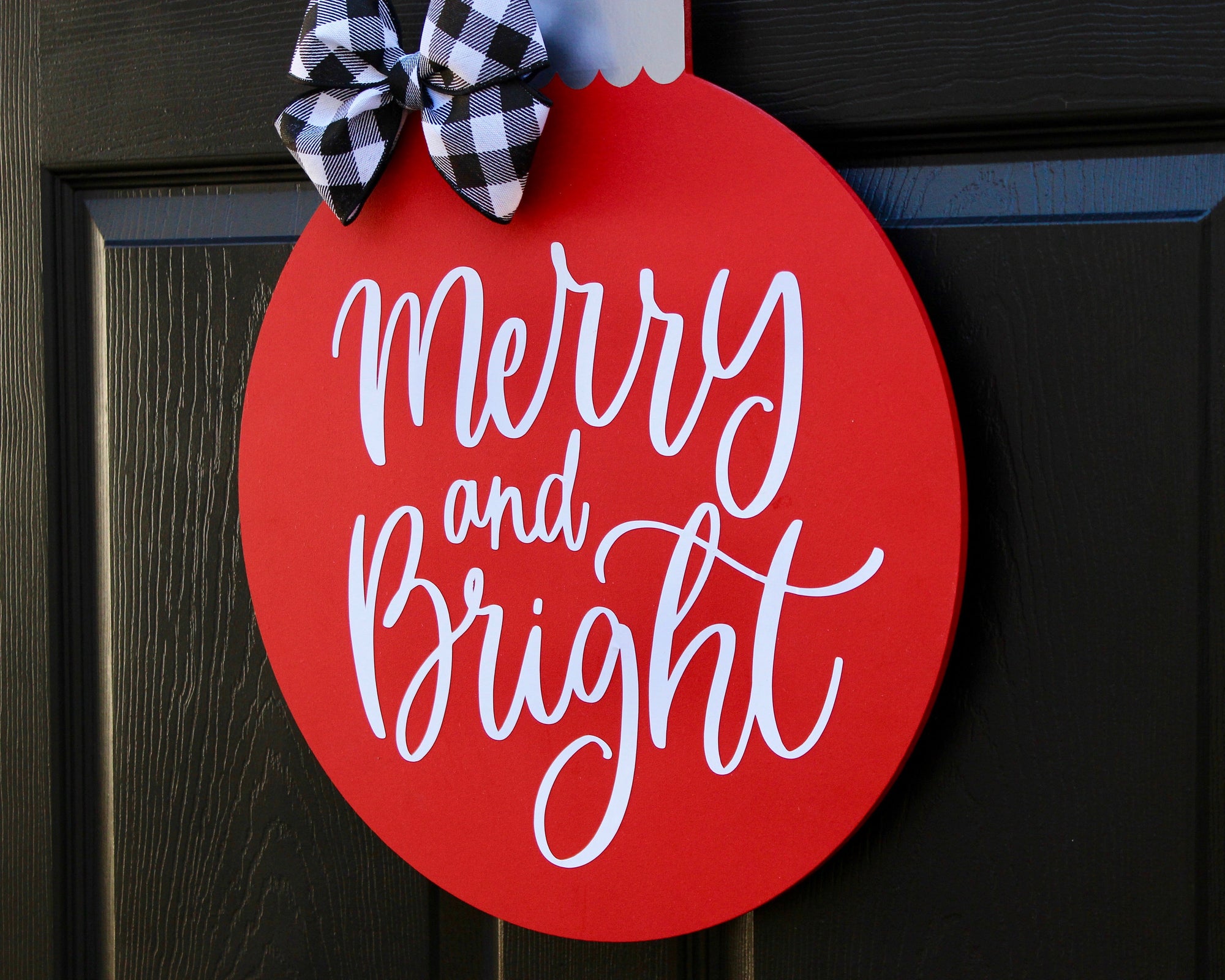 Holiday decor, gift for her, Christmas ornament door hanger, merry and bright holiday wreath, red wood round door hanger