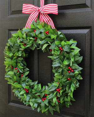 Holiday wreath, holiday decor, Christmas wreath, laurel wreath with red berries