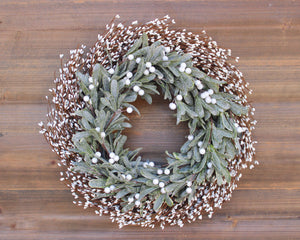 Holiday wreath, holiday decor, Christmas wreath, sparkling mistletoe greenery wreath, cream berry wreath