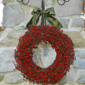 Bright Red Berry Wreath with Green Leaves with Bow