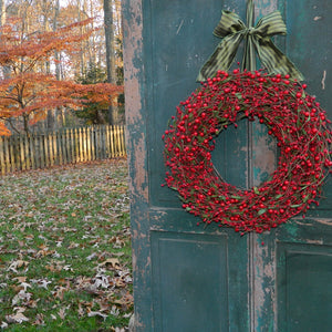 Bright Red Berry Wreath with Green Leaves with Bow