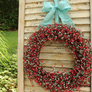 Light Teal & Coral Pip Berry Wreath with Bow