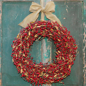 Red Berry Wreath with Leaves with Bow