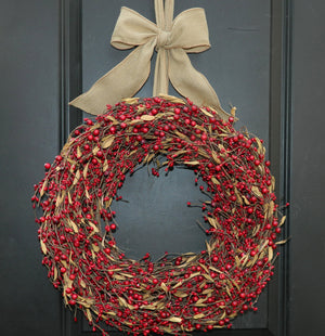 Red Berry Wreath with Leaves with Bow